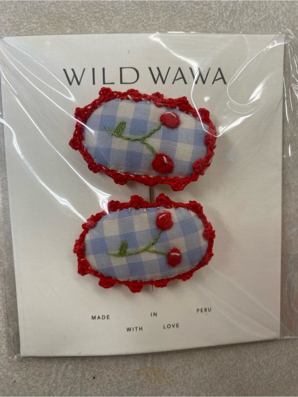 Wild Wawa Blue Gingham Cherry Hair Clips / NIB